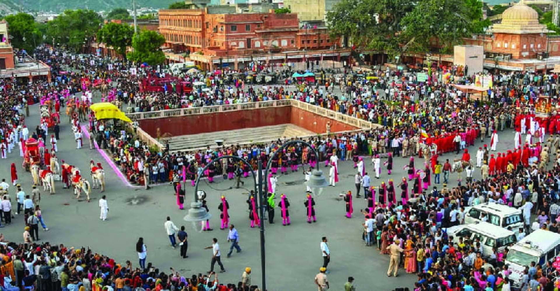 Grand street parade during Teej Festival in Rajasthan and India Teej festival parade in Jaipur