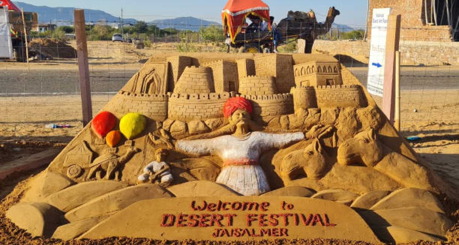 Welcome Sand Art Sculpture at Jaisalmer Desert Festival Welcome Sand Art Jaisalmer Festival